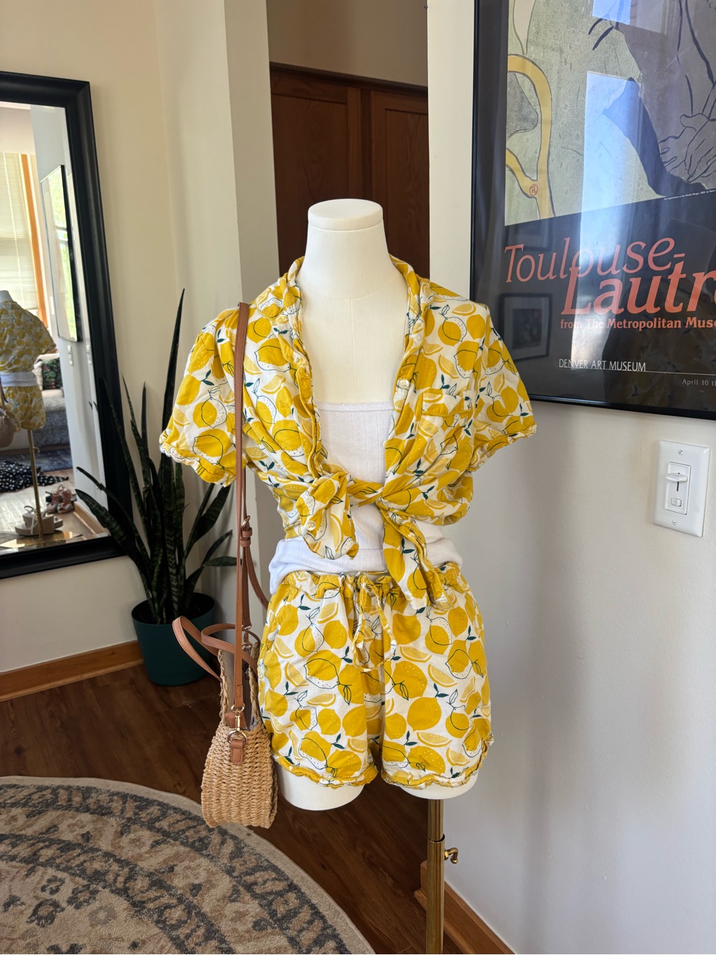 Lemon Print Matching Cotton Lounge Set Button Up Top Shorts Set